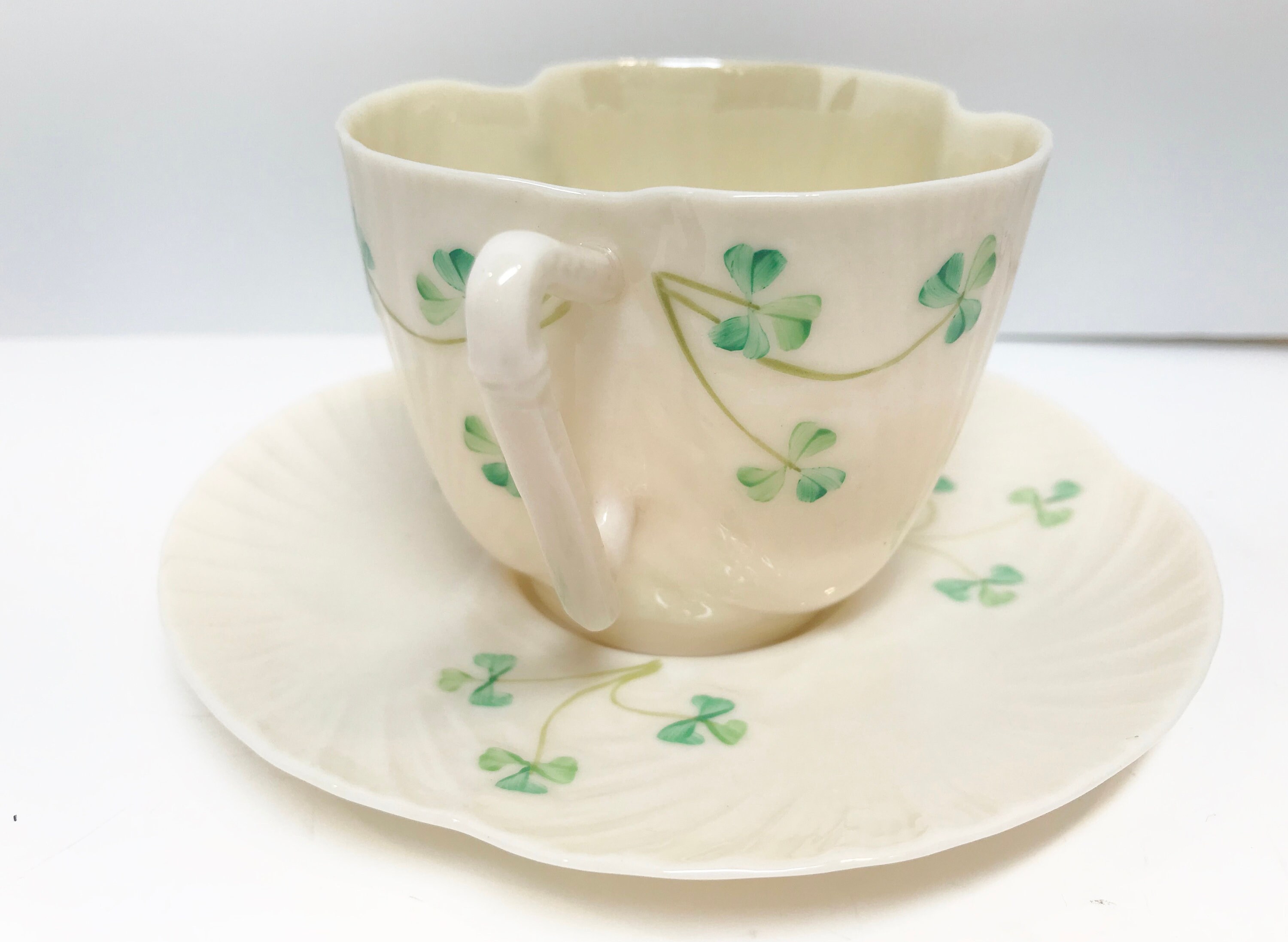 Harp Shamrock Ware, Set of 4, Belleek Tea Cup and Saucer, Irish Tea Cup