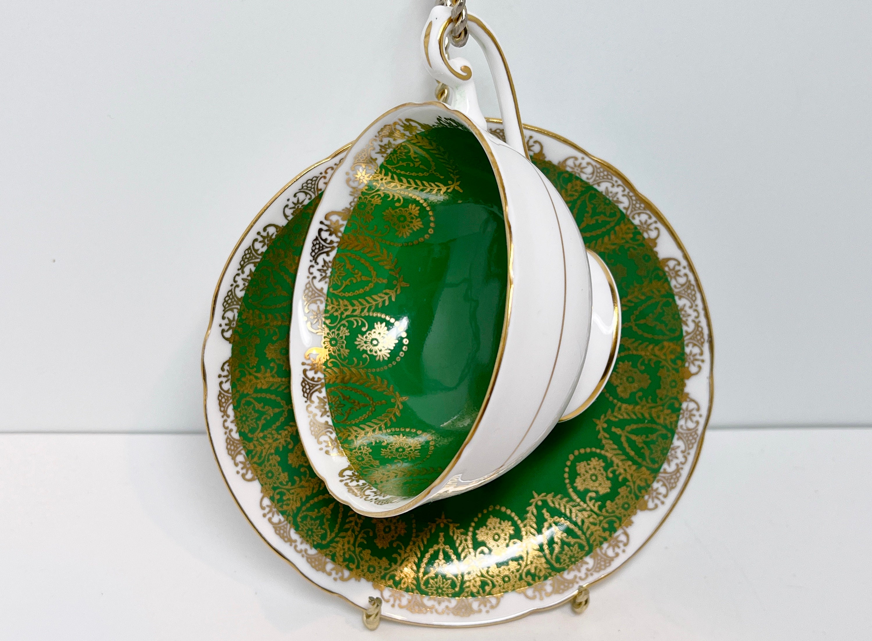 Green Gold by Shelley Fine China, Lincoln Shape, Pattern 0664, Antique Tea Cups, Vintage Tea