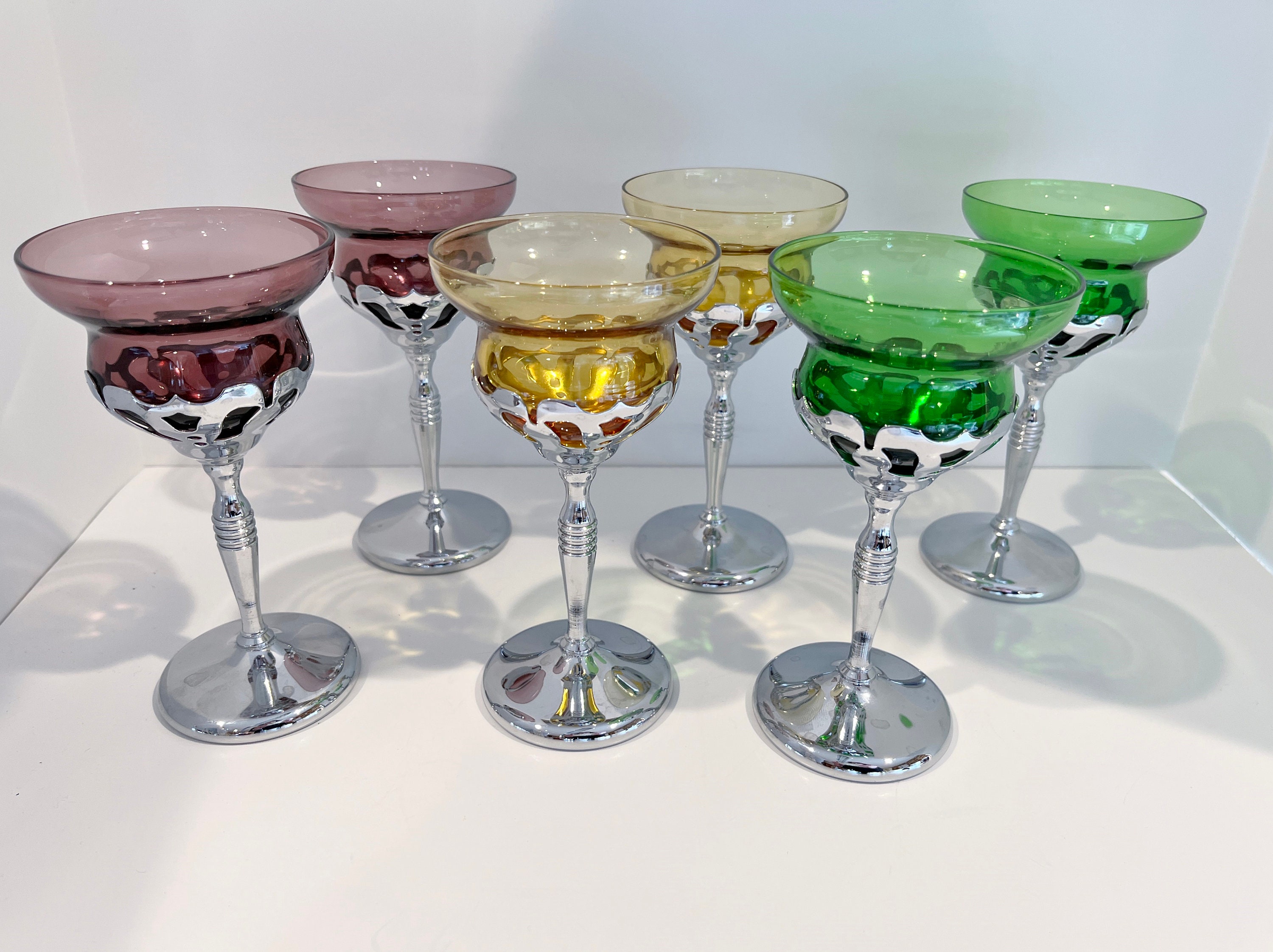 Vintage Art Deco Chrome & Multi Color Wine Cocktail Glasses Set of 2  Morgantown Glass United Chromium Farberware Wine Glass Cordials 