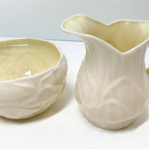 Iridescent Belleek Sugar Bowl and Creamer, Lily Pattern Green Mark Belleek Creamer, Made in Ireland Porcelain, Belleek Cream and Sugar image 8