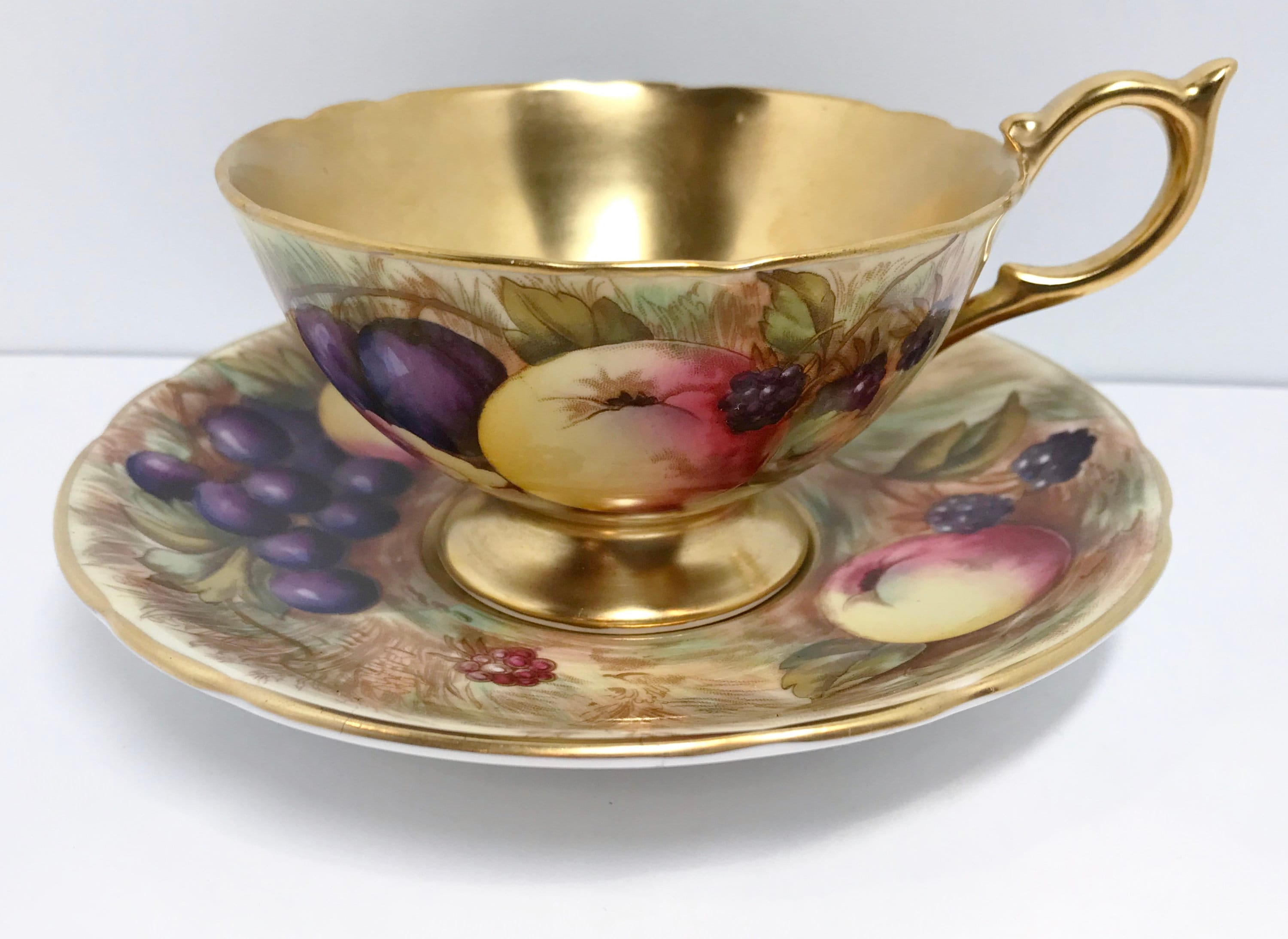 Signed Aynsley Orchard, Gold Fruit Teacup, English Bone China, Antique