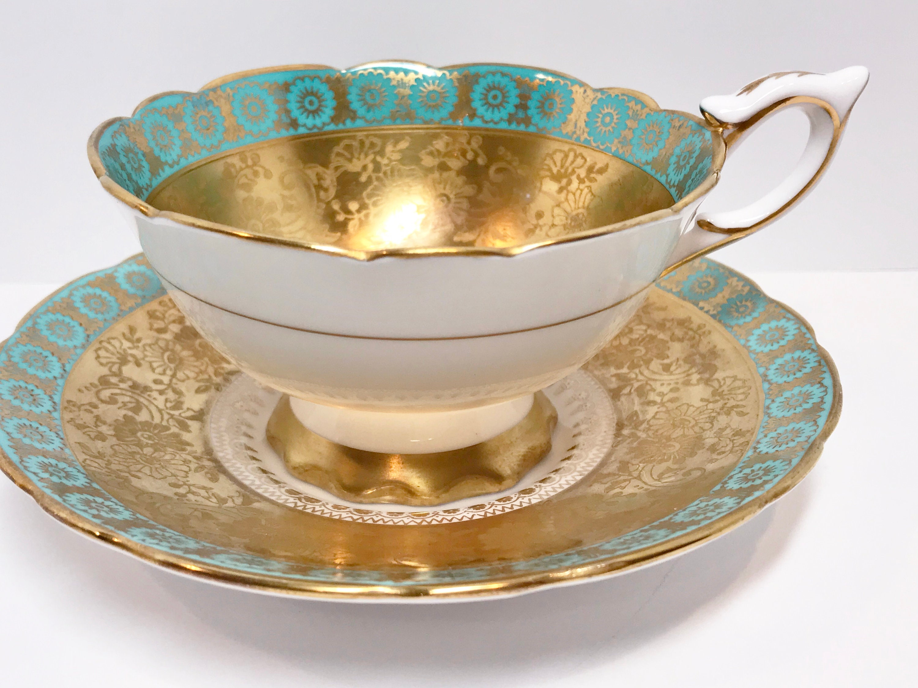 Royal Stafford Tea Cup and Saucer, Aqua Gold Tea Cups, Antique