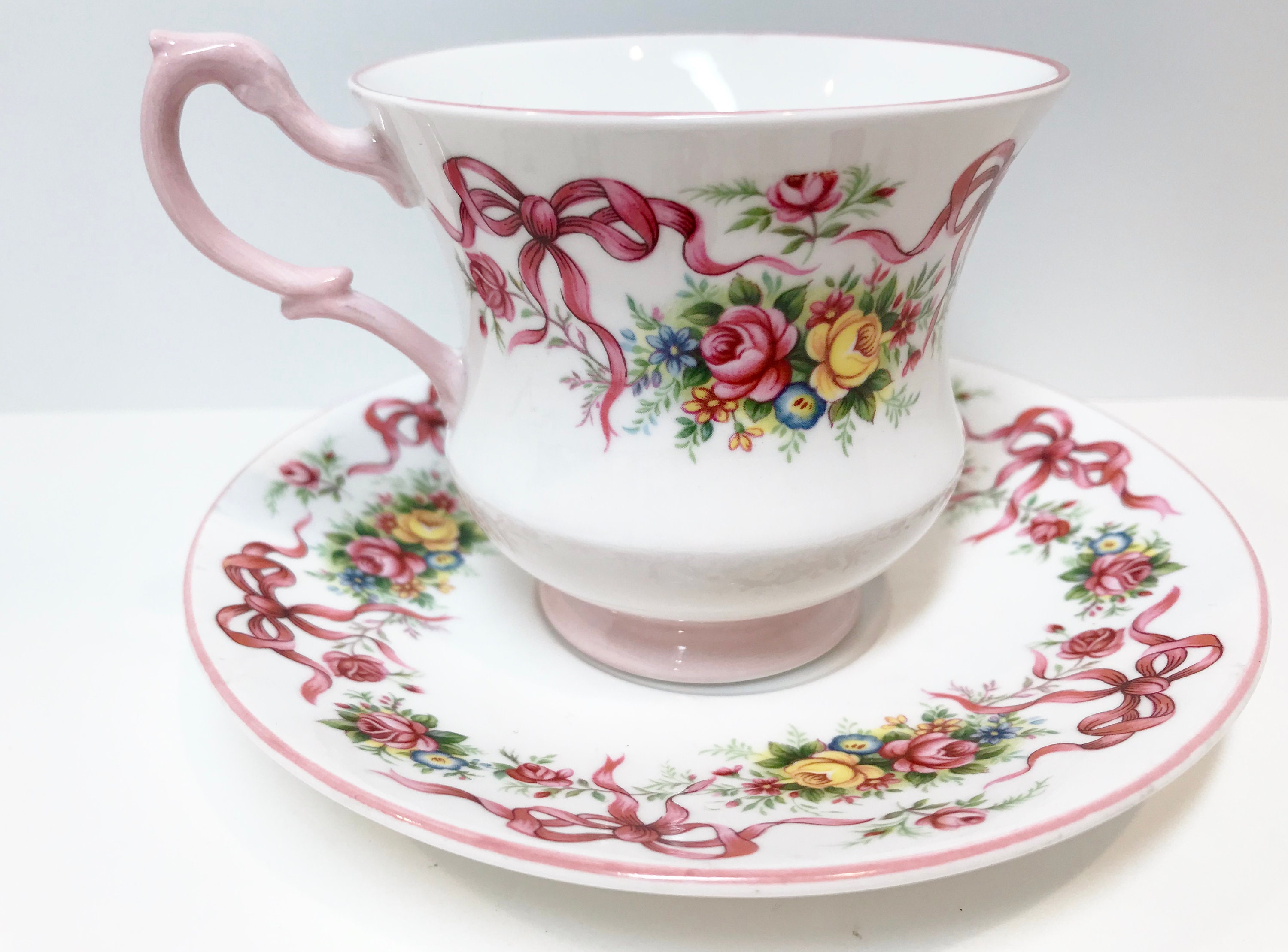 Queens Rosina Tea Cup and Saucer, Ribbon Tea Cups, Mother Tea Cup, Made in England, Antique Queens Rosina Tea Cup and Saucer, Ribbon Tea Cups, Mother Tea Cup, Made in England, Antique