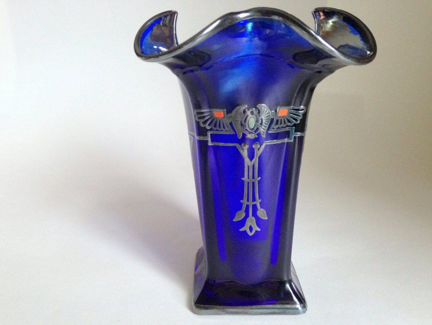 Art Deco Cobalt Blue Sterling Silver Overlay Egyptian Revival Motif Rockwell Vase Rockwell