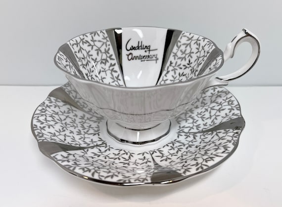 Wedding Anniversary Teacup and Saucer, Silver Anniversary , Silver Teacup, Silver Tea Cups, Vintage Tea Cups , Queen Anne Cup , Gift for Her