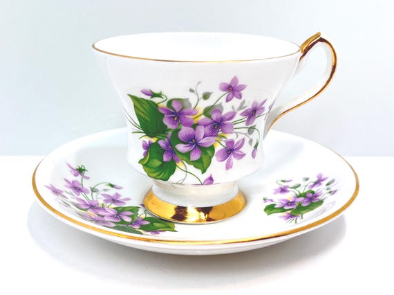 Windsor Teacup and Saucer, English Bone China, Violet Teacup, Floral Teacup, Housewarming Gift, Hostess Gift, Birthday Gift