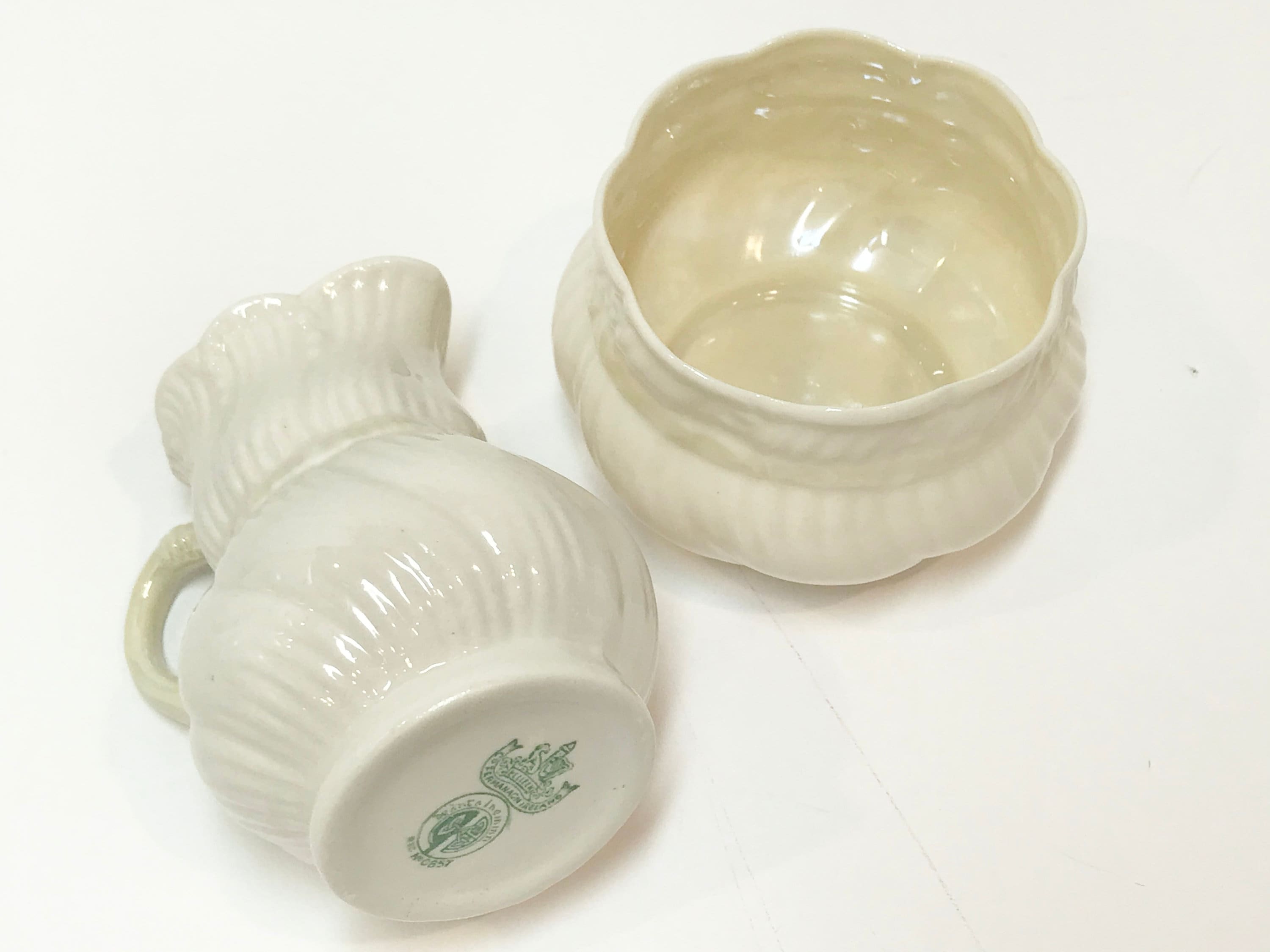 Belleek Pitcher and Bowl, Belleek Ribbon Bow, Fourth Green Mark Belleek