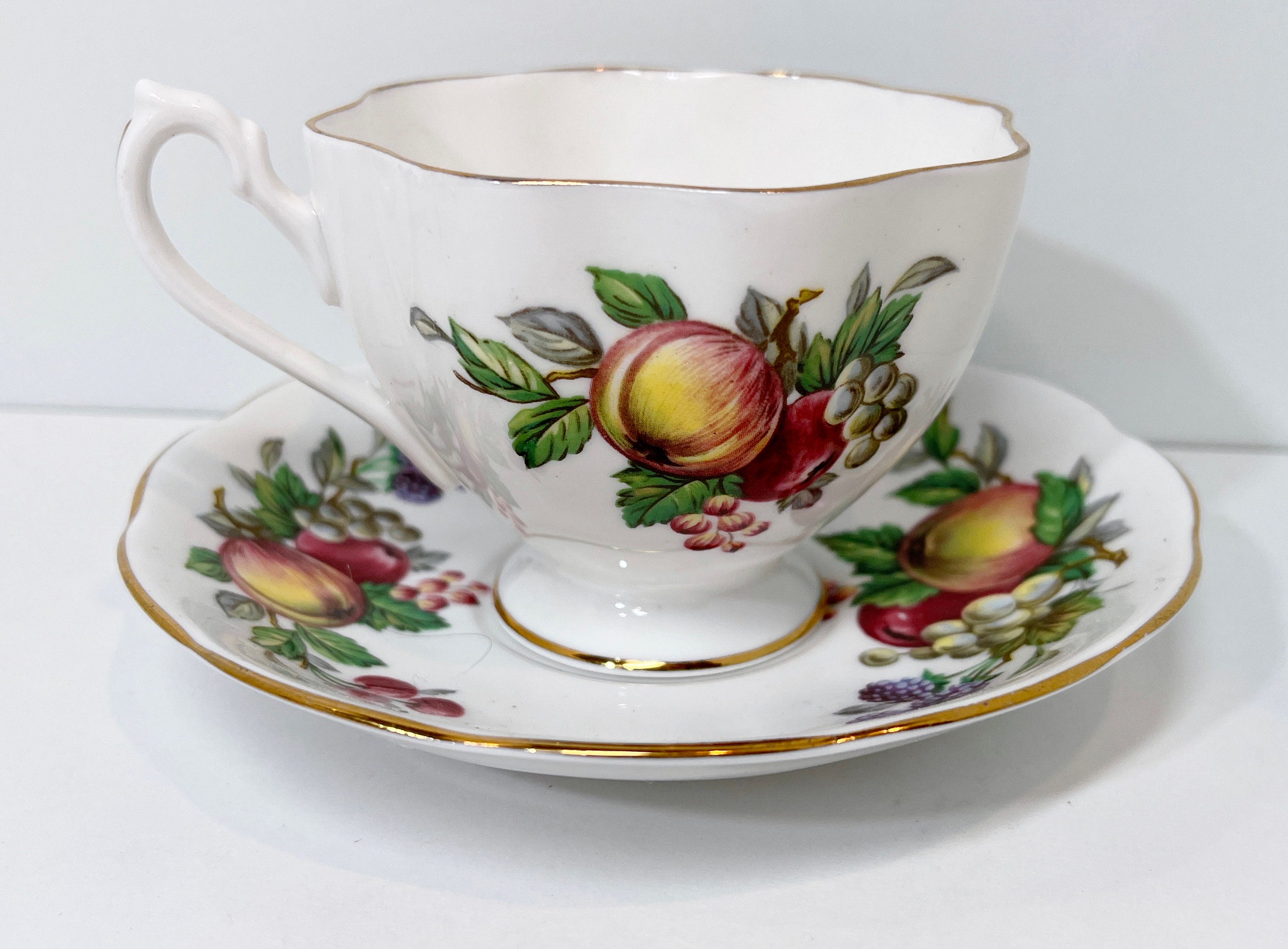 Fruit Teacup Queen Anne Teacup and Saucer Antique Teacup English Bone
