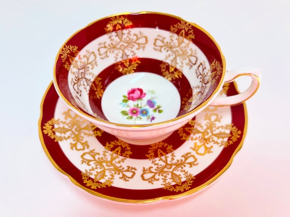 Stunning Royal Grafton Teacup and Saucer, Burgundy Gold Teacup, Antique Teacups, Bone China Tea Cups, Vintage Tea Cups, Gift for Him