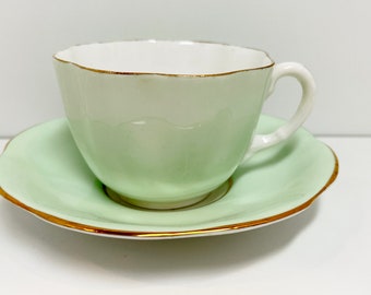 Paneled Clare Tea Cup and Saucer, Antique Tea Cups Vintage, Pale Green Teacup, Antique Teacup, Celadon Teacup