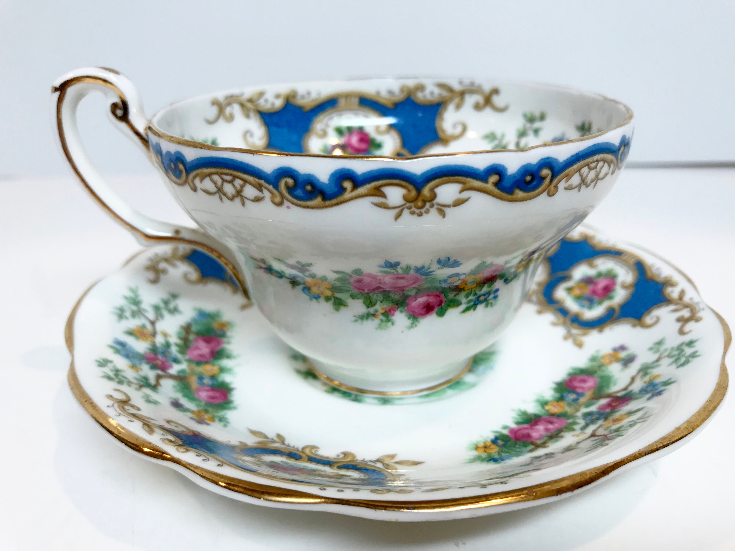EB Foley Tea Cup and Saucer, Broadway Pattern, Blue Tea Cups, Antique