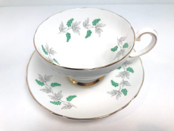 Crown Staffordshire Teacup and Saucer, Staffordshire Teacup, Green White Teacup, Gift for Friend, Gift for Her, Hostess Gift