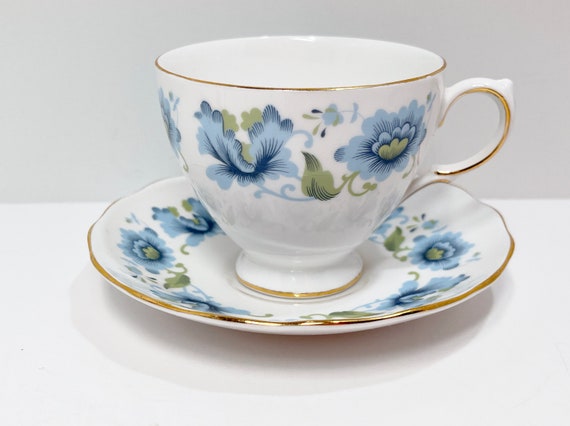 Queen Anne Tea Cup and Saucer ,  Floral Teacup , Hostess Gift , Afternoon Tea , Housewarming Gift for Her , Blue Flower Teacup