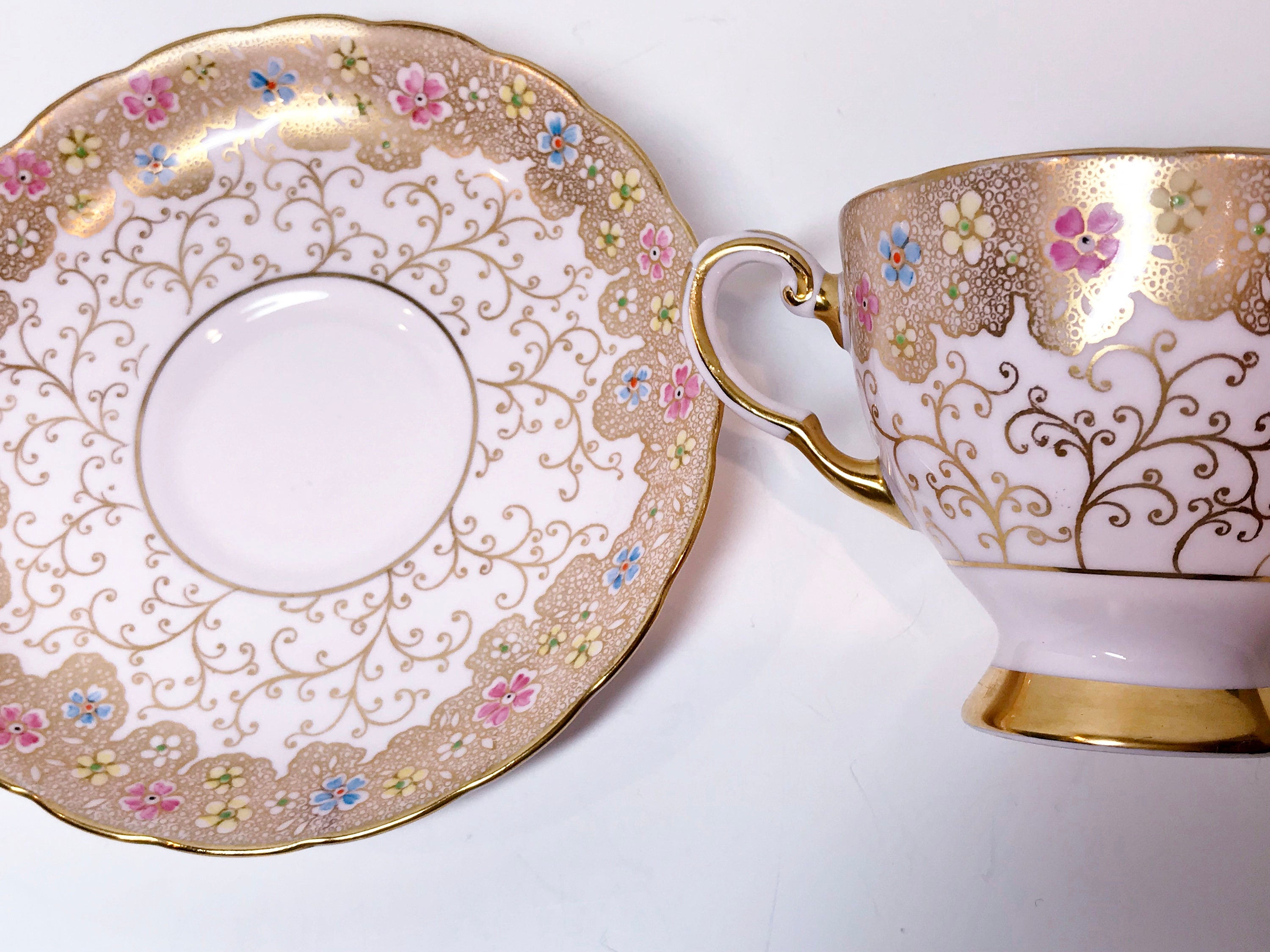 Tuscan Pink Tea Cup and Saucer, Pink Gold Cups, Antique Tea Cups