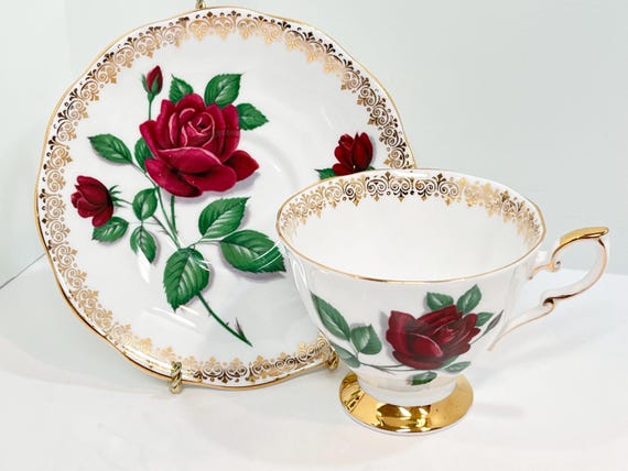 Red Velvet Pattern, Royal Standard Teacup and Saucer, English Bone China, Red Rose Teacup, Gifts for Her, Anniversary Gift, Valentine Gift