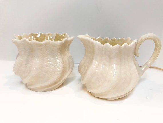 Belleek Pot Sugar Bowl and Creamer , Green Mark Belleek Creamer , Made in Ireland Porcelain , Belleek Cream and Sugar