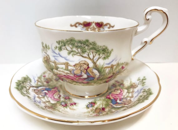 Courting Couple Teacup, Love Story Teacup and Saucer, Royal Crest Teacup, Loving Anniversary Gift, Gift for Her