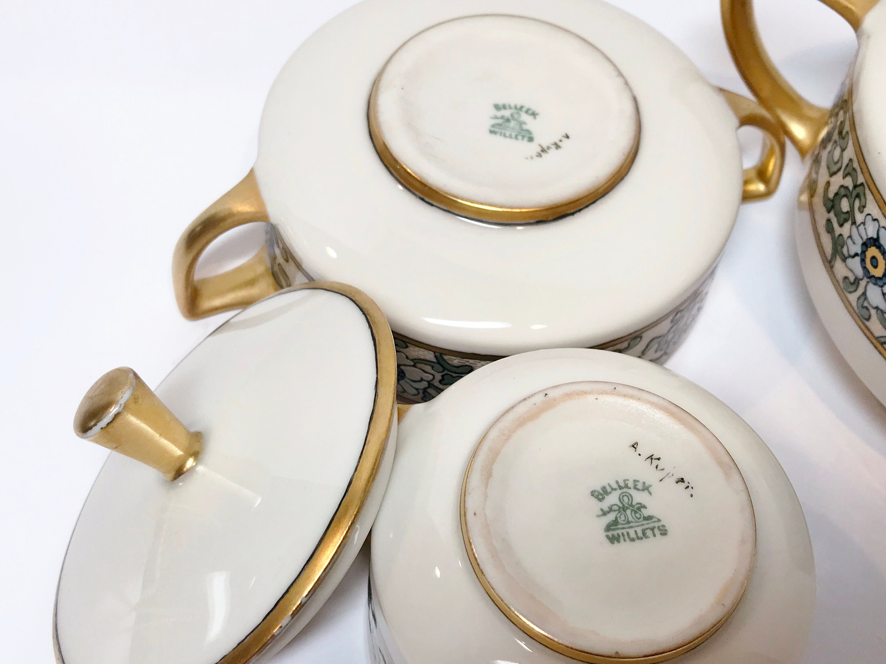 Willets Belleek Tea Set, Artist Signed Willets Teapot, Willets Teapot Creamer Sugar, A Kuper