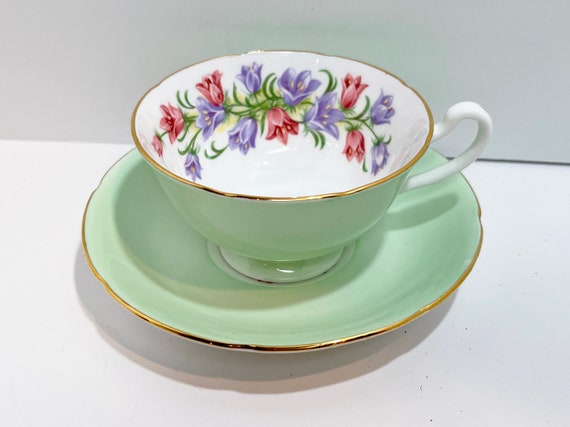 Royal Grafton Teacup and Saucer , Green Teacup , Housewarming Gift for Her , English Bone China , English Teacup , Floral Teacup