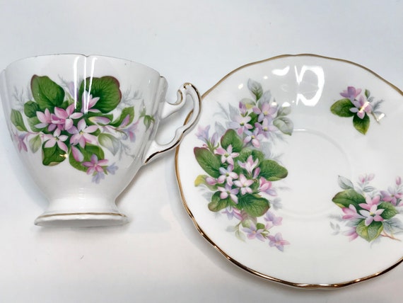 Adderley Tea Cup and Saucer, Mayflower Pattern, Antique Tea Cups, Violets Tea Cups, English China Cups, Canadian Flower, Floral Teacups