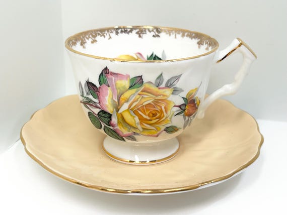 Aynsley Teacup and Saucer, Antique Teacup, English Bone China, Floral Teacup, Yellow Rose, Gift for Her, Housewarming Gift, Birthday Gift