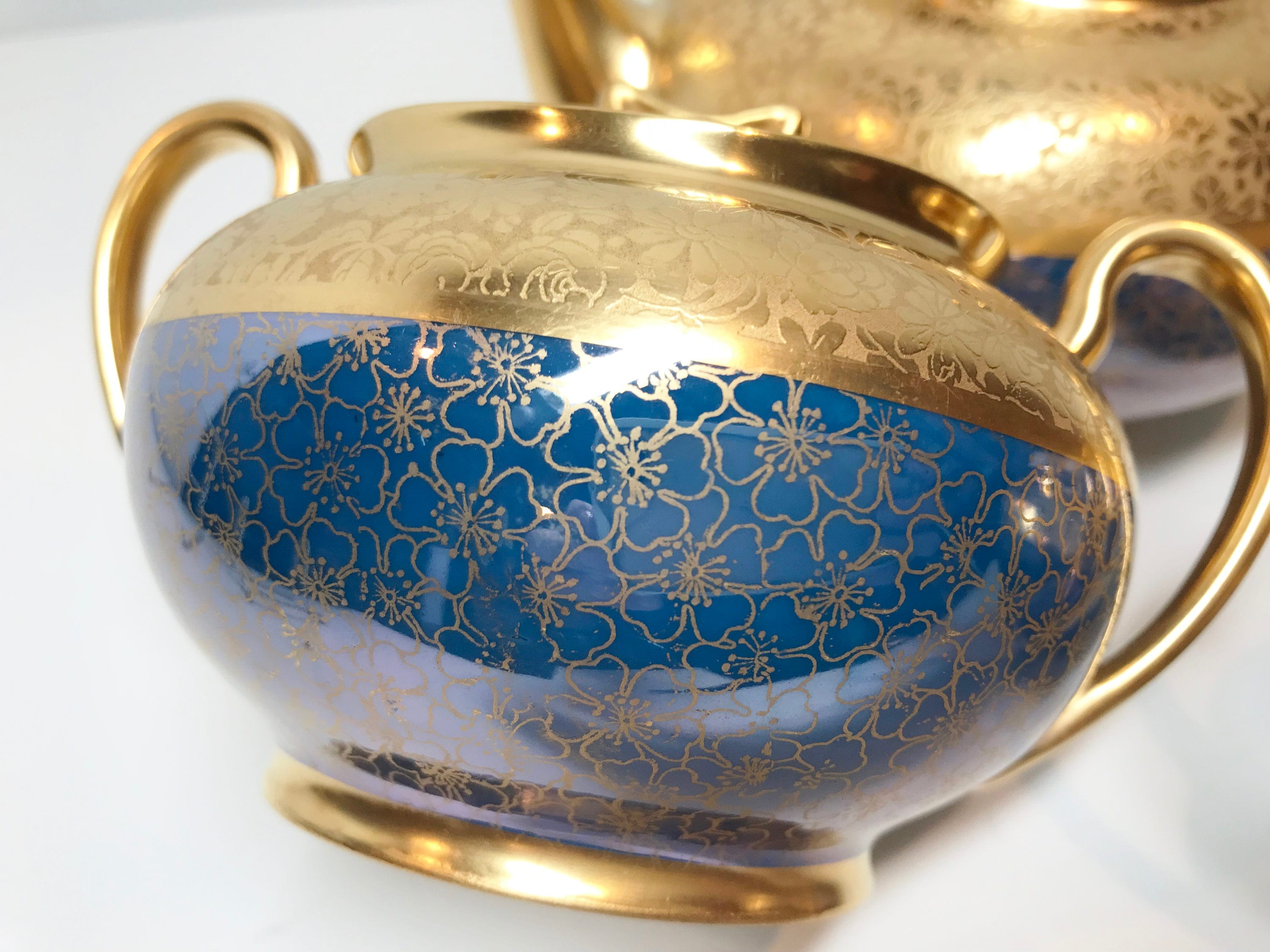 Pickard Teapot, Pickard Tea Set, Gold Blue Teapot, Creamer Sugar Teapot