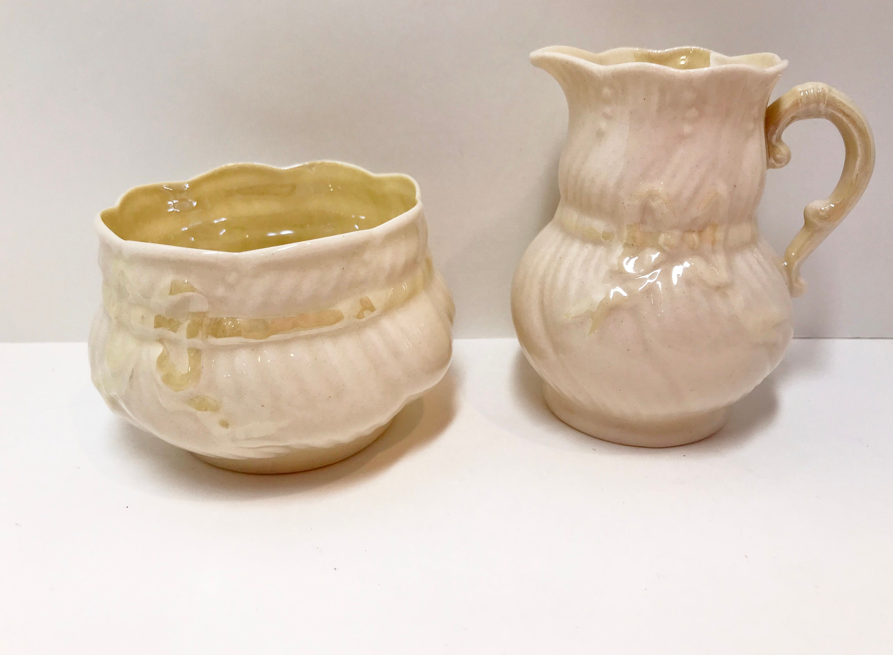 Belleek Sugar Bowl and Creamer, Belleek Ribbon Bow, Fourth Green Mark