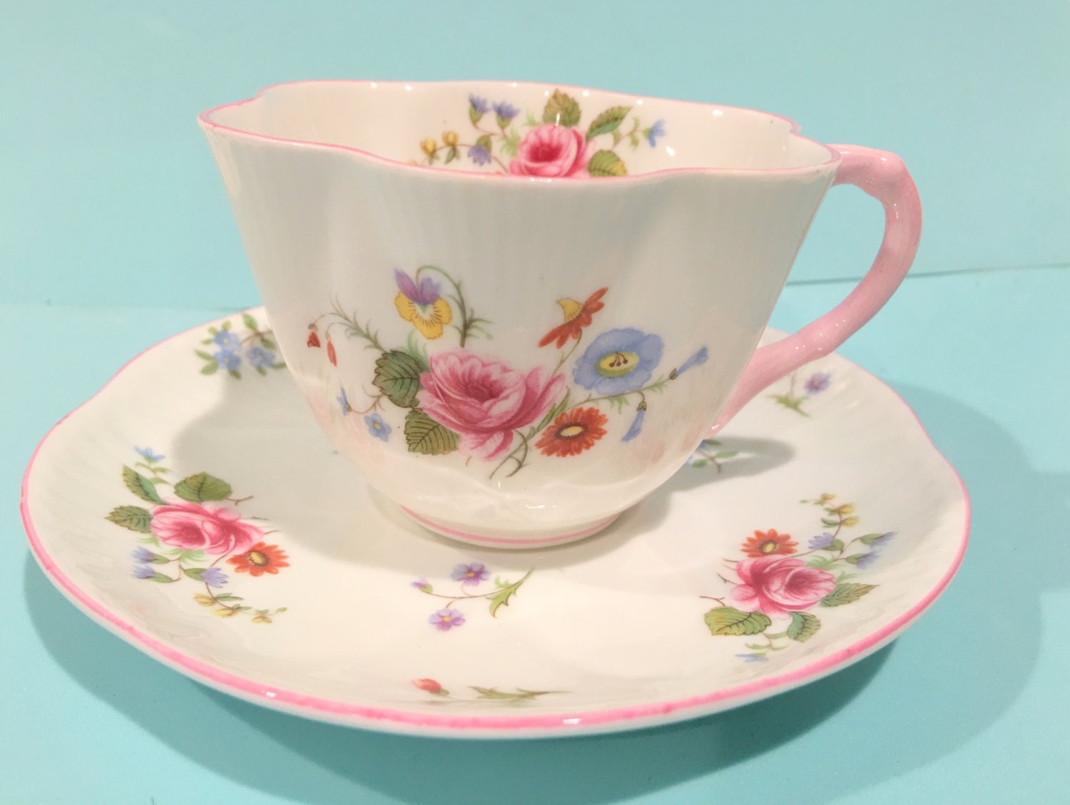 Reserved for F, Shelley Tea Cup and Saucer, Dainty Shape, Rose and Red Daisy Pattern, Shelley