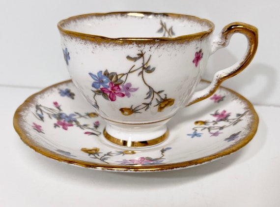 Royal Stafford Teacup and Sauce Violets Pompadour Pattern Antique Teacups English Bone China Floral Teacups Vintage Afternoon Tea Teatime