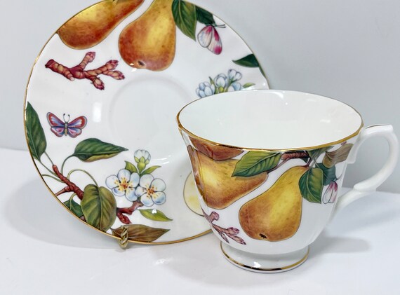 Butterfly Fruit Teacup and Saucer , Vintage Teacup , English Bone China Cups , Gift for Her , Teacher Gift , Housewarming Gift , Friend Gift