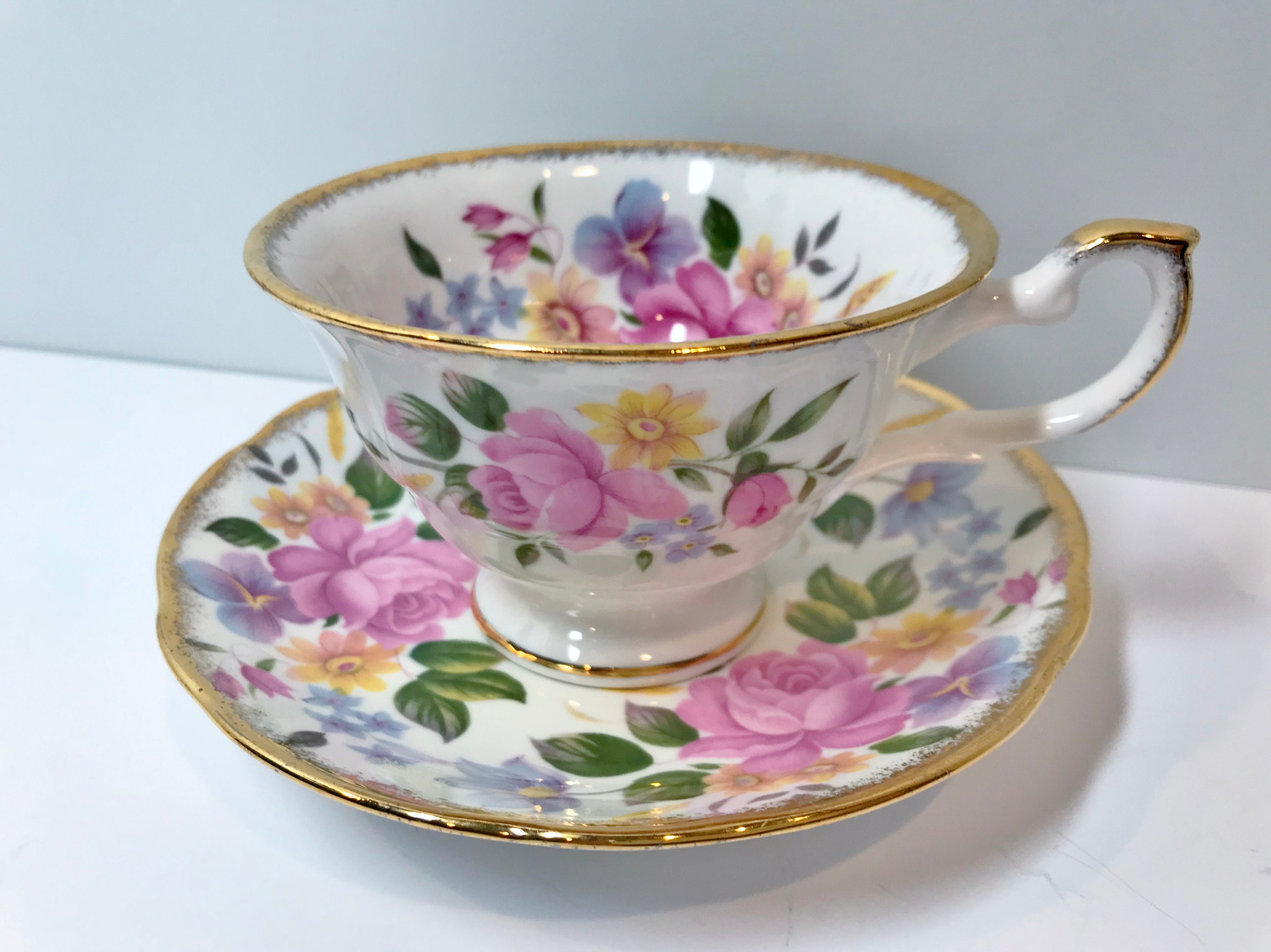 Crown Tea Cup and Saucer, English Bone China Cups, Floral Teacups, Antique Tea Cups Vintage