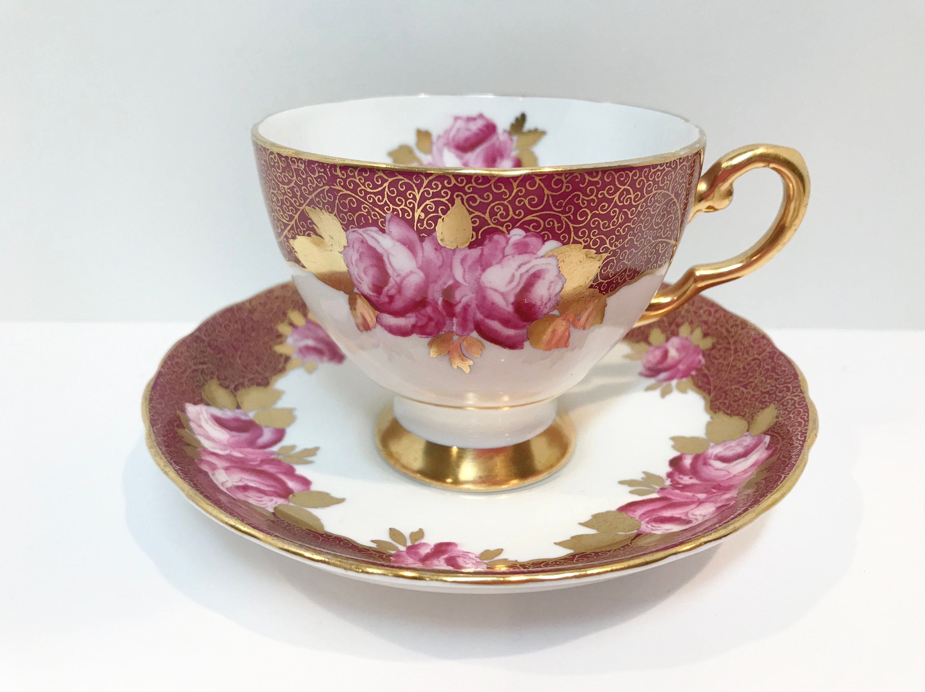 Tuscan Tea Cup, Pink Rose Tea Cups, Hand Painted Teacups, Antique