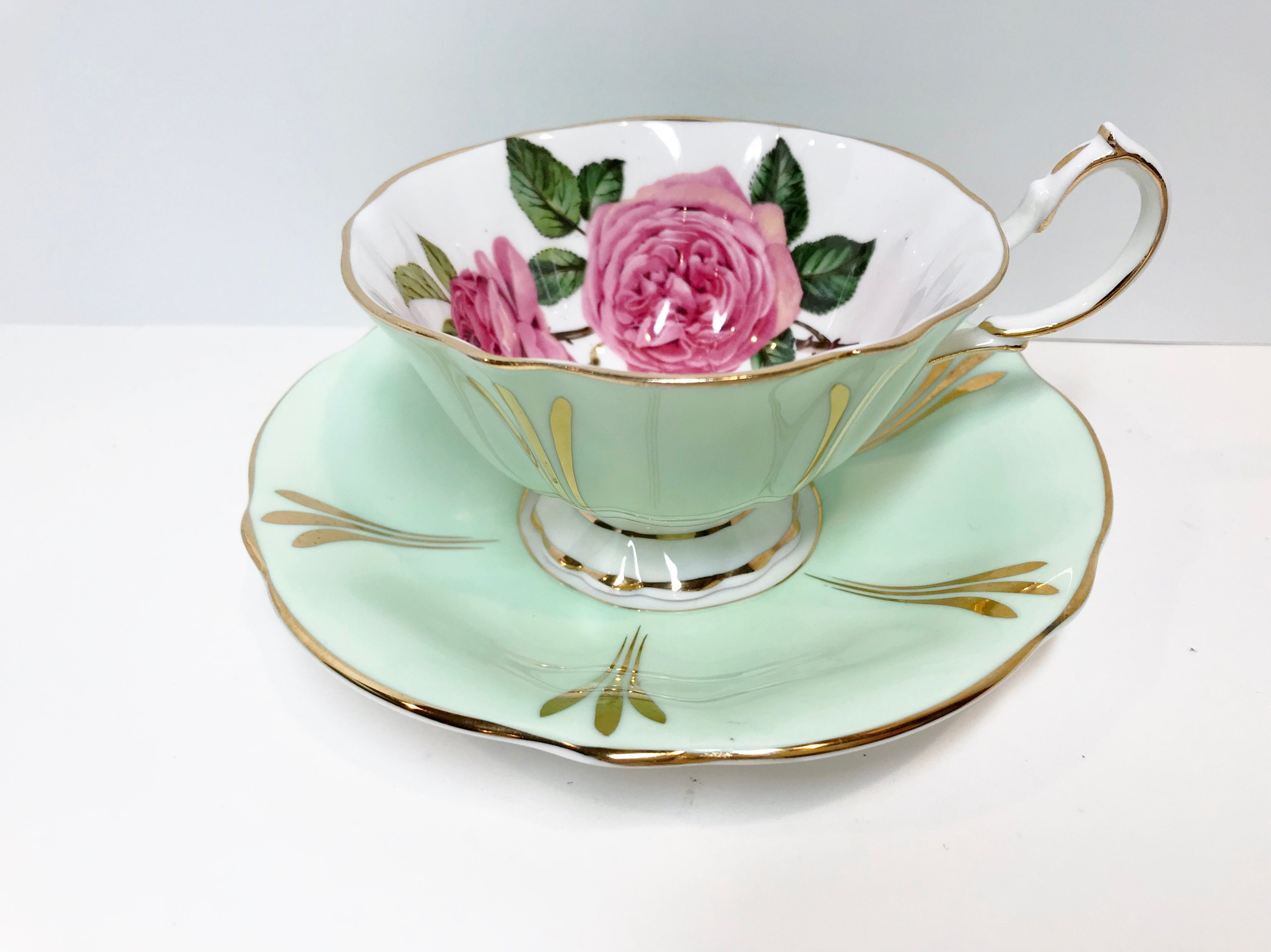 Big Rose Queen Anne Tea Cup and Saucer, Green Gold Cups, Bone China Tea