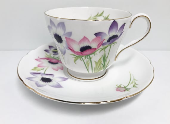 Shelley Teacup and Saucer, Anemone Pattern, Shelley China, Shelley Tea Cups, Shelley Floral Tea Cups, Richmond Shape, Teatime Tea Cups