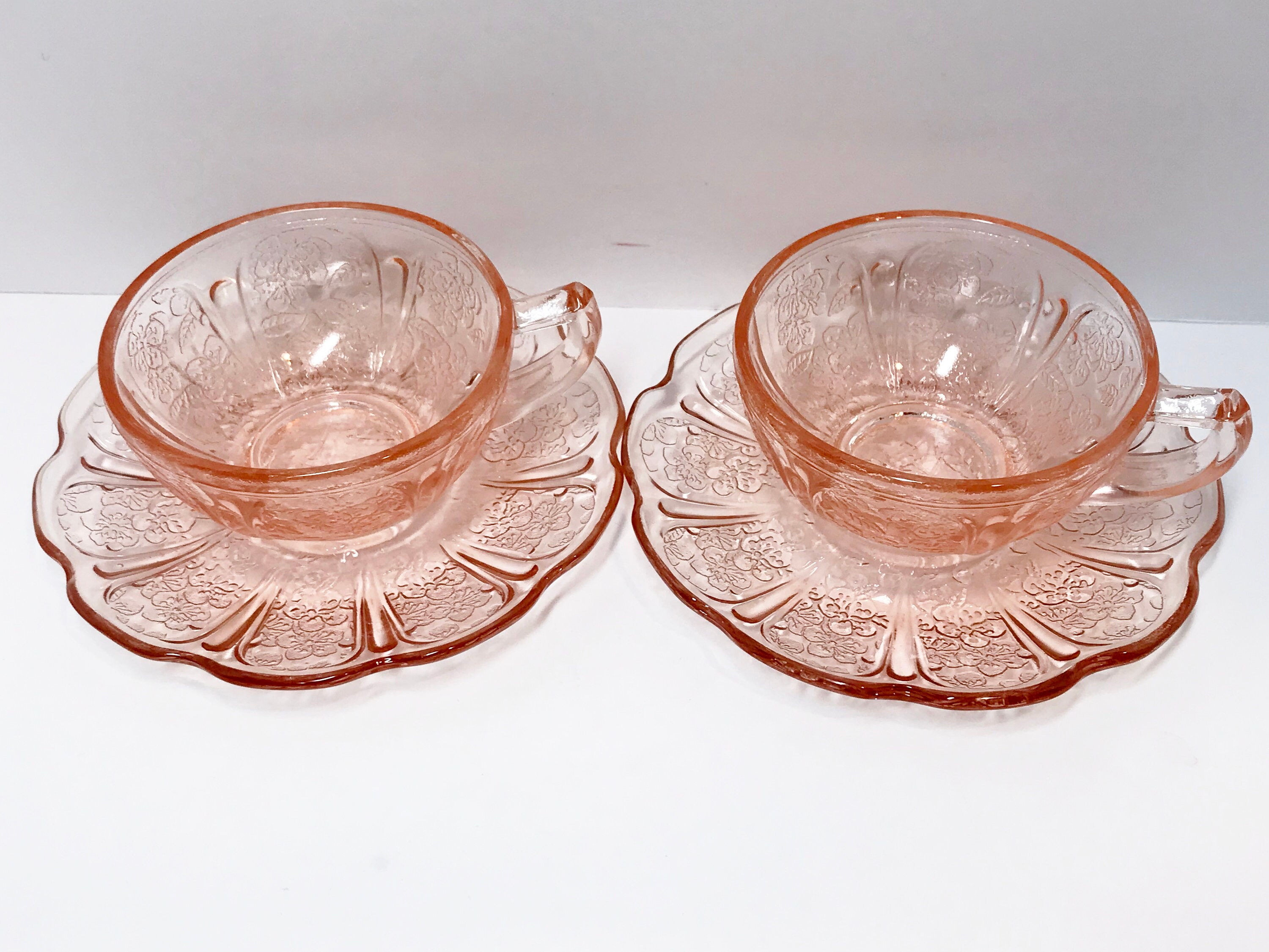 Pair of Childs Pink Cherry Blossom Teacups and Saucers, Pink Depression