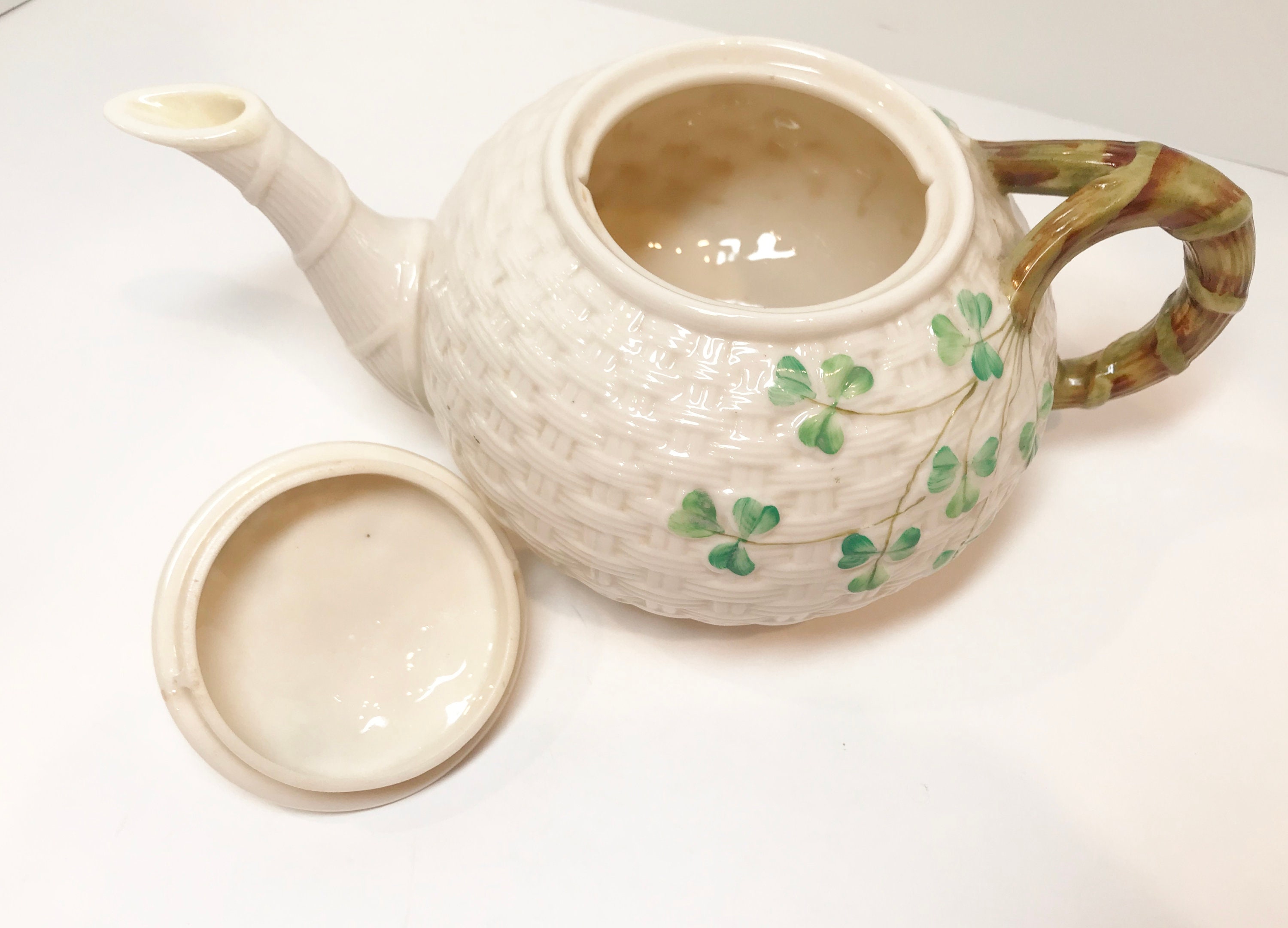 Large Shamrock Belleek Teapot, Shamrock Belleek, Black Mark Belleek