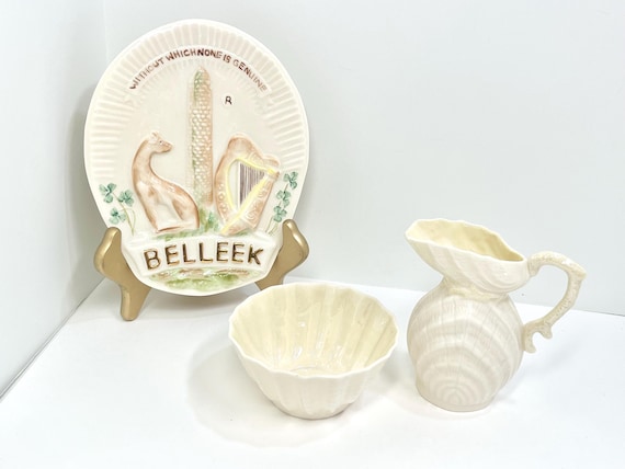 Vintage Belleek Creamer and Sugar Bowl Set: Irish Parian China, Green Mark
