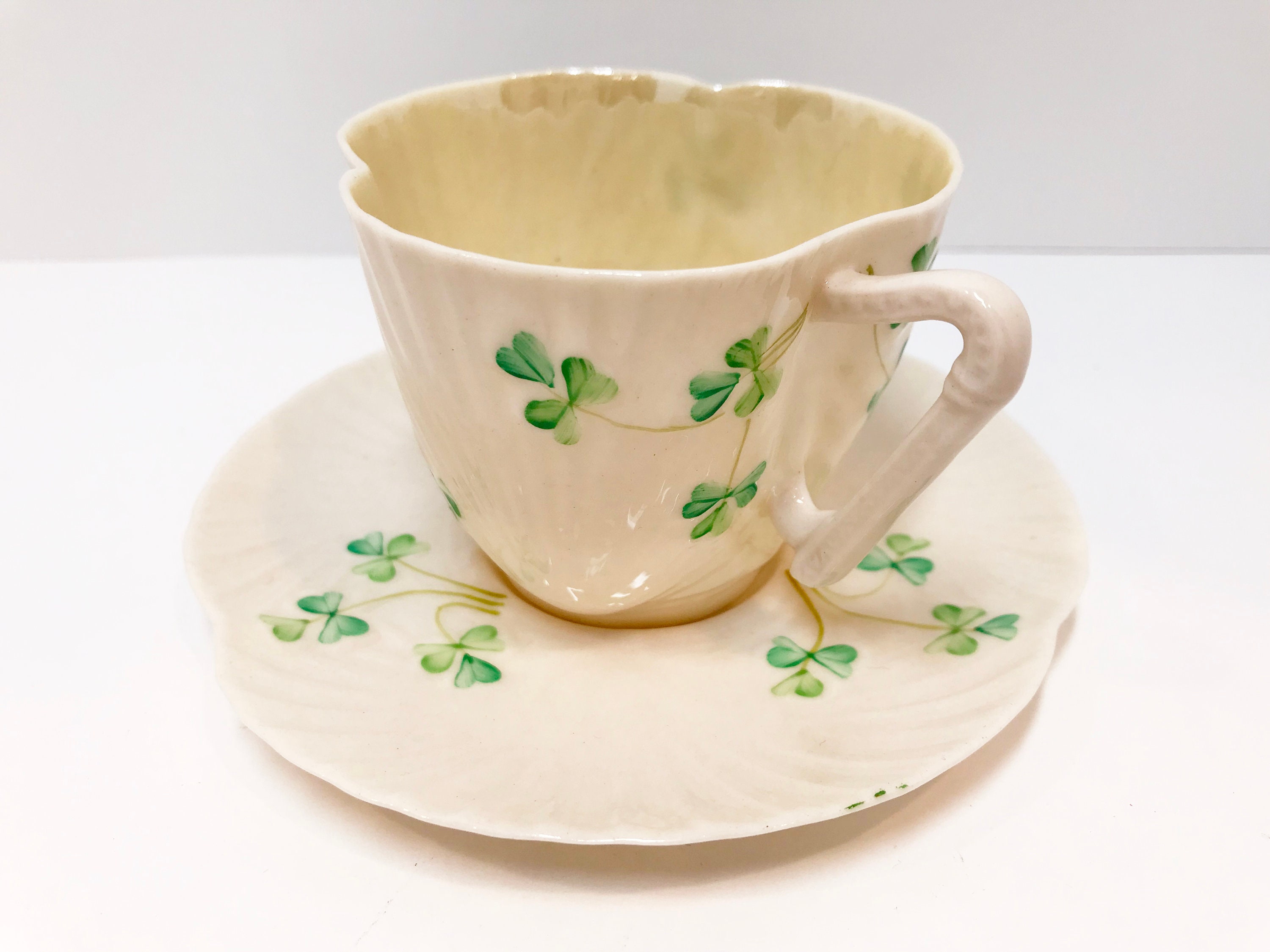 Harp Shamrock Ware Belleek Tea Cup and Saucer, Irish Tea Cup, Belleek