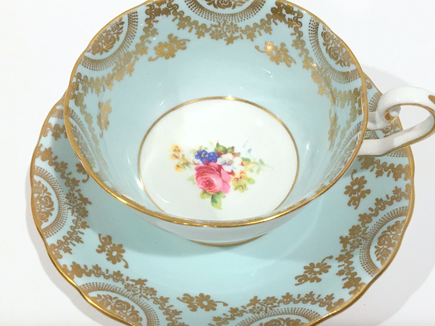 Aqua Victoria Tea Cup and Saucer, Antique Teacup, English Bone China