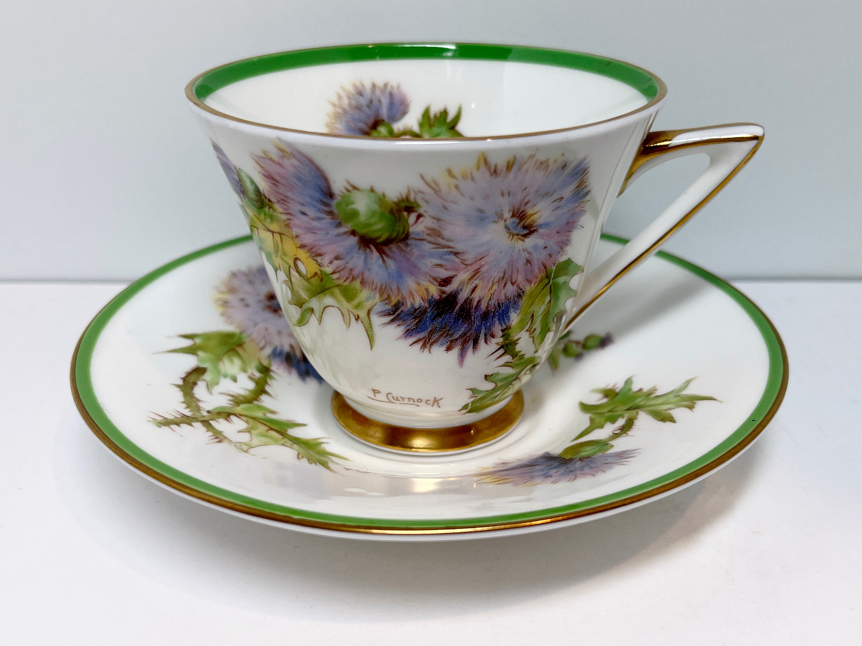 Royal Doulton Teacup and Saucer, Glamis Thistle Pattern, Signed P