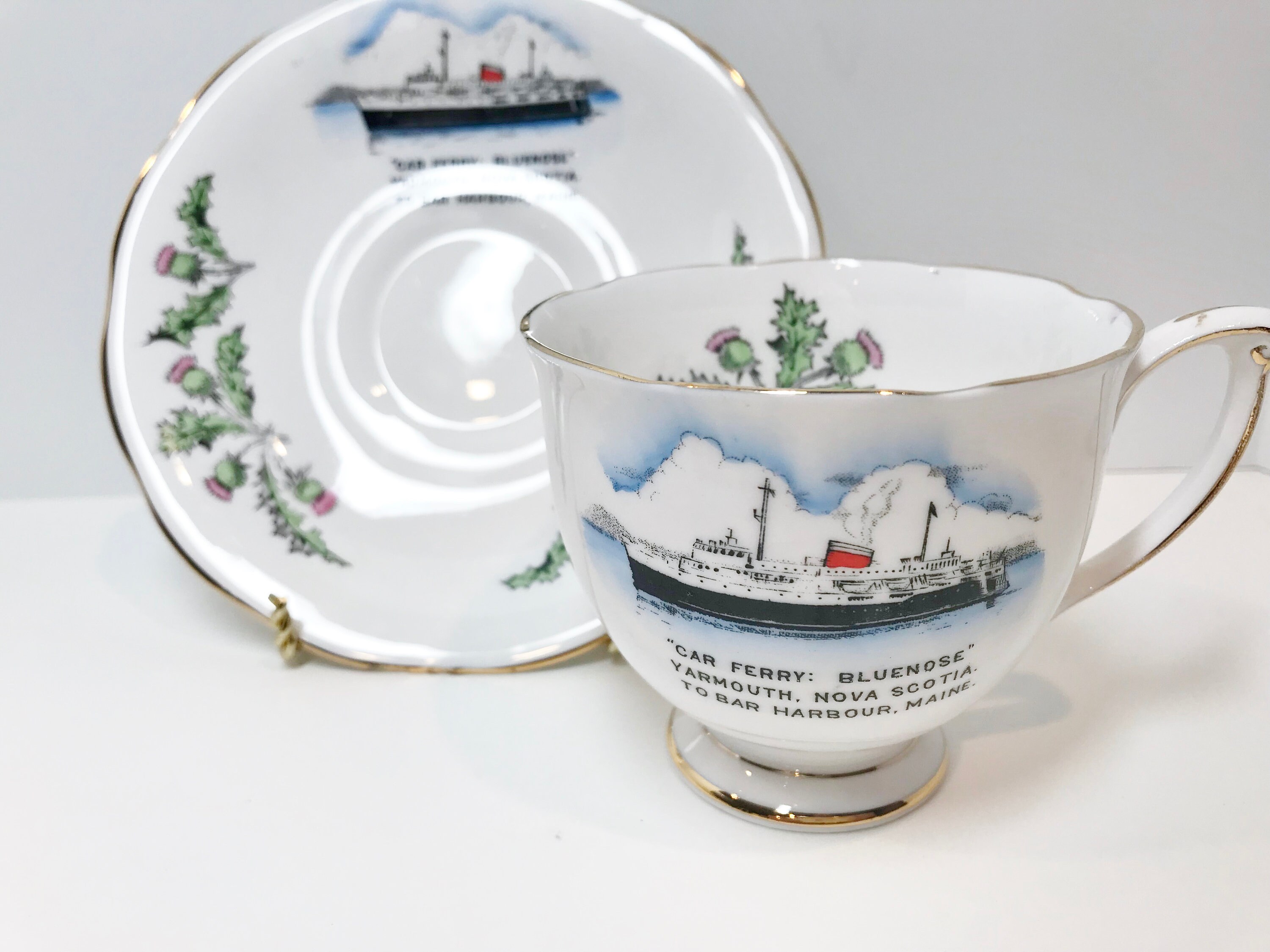 Nova Scotia Tea Cup and Saucer, Bluenose Ferry Cup, Bar Harbour Maine