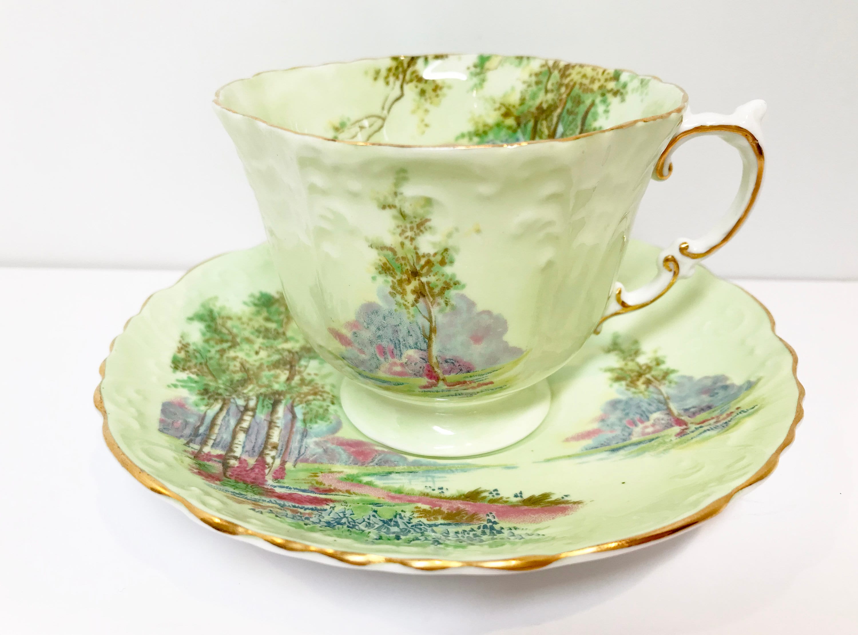 Green Aynsley Tea Cup and Saucer, Antique Tea Cups Vintage, Scenic Tea