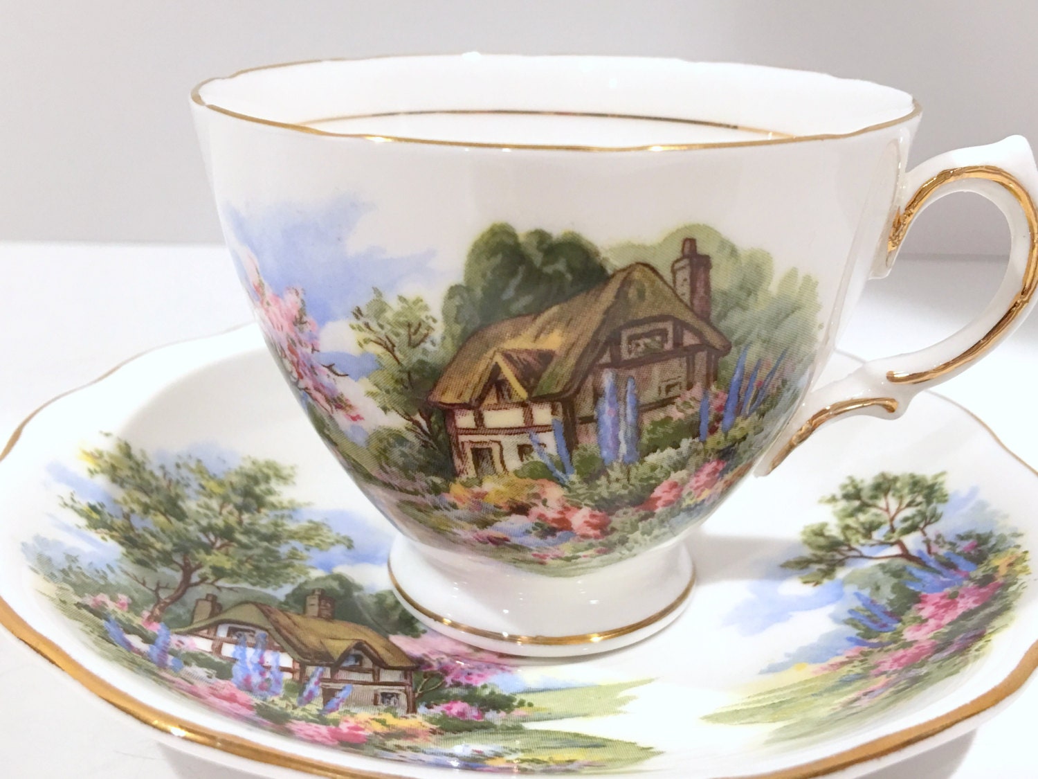 Glorious Country Scene Tea Cup and Saucer, Royal Vale Cups, Tea Set