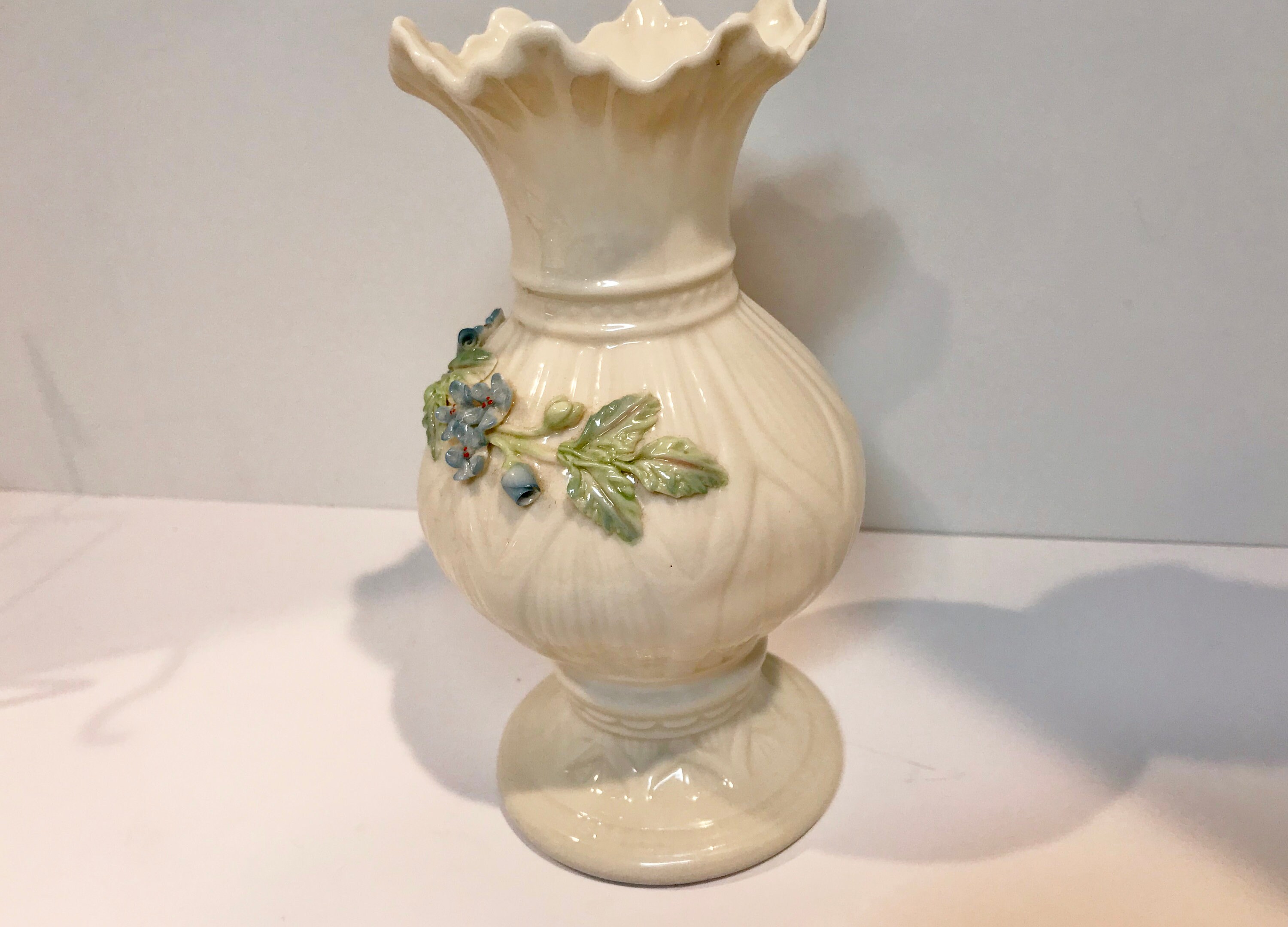 Reserved for SR, Blue Flowered Belleek Vase, Irish Vase, Belleek China
