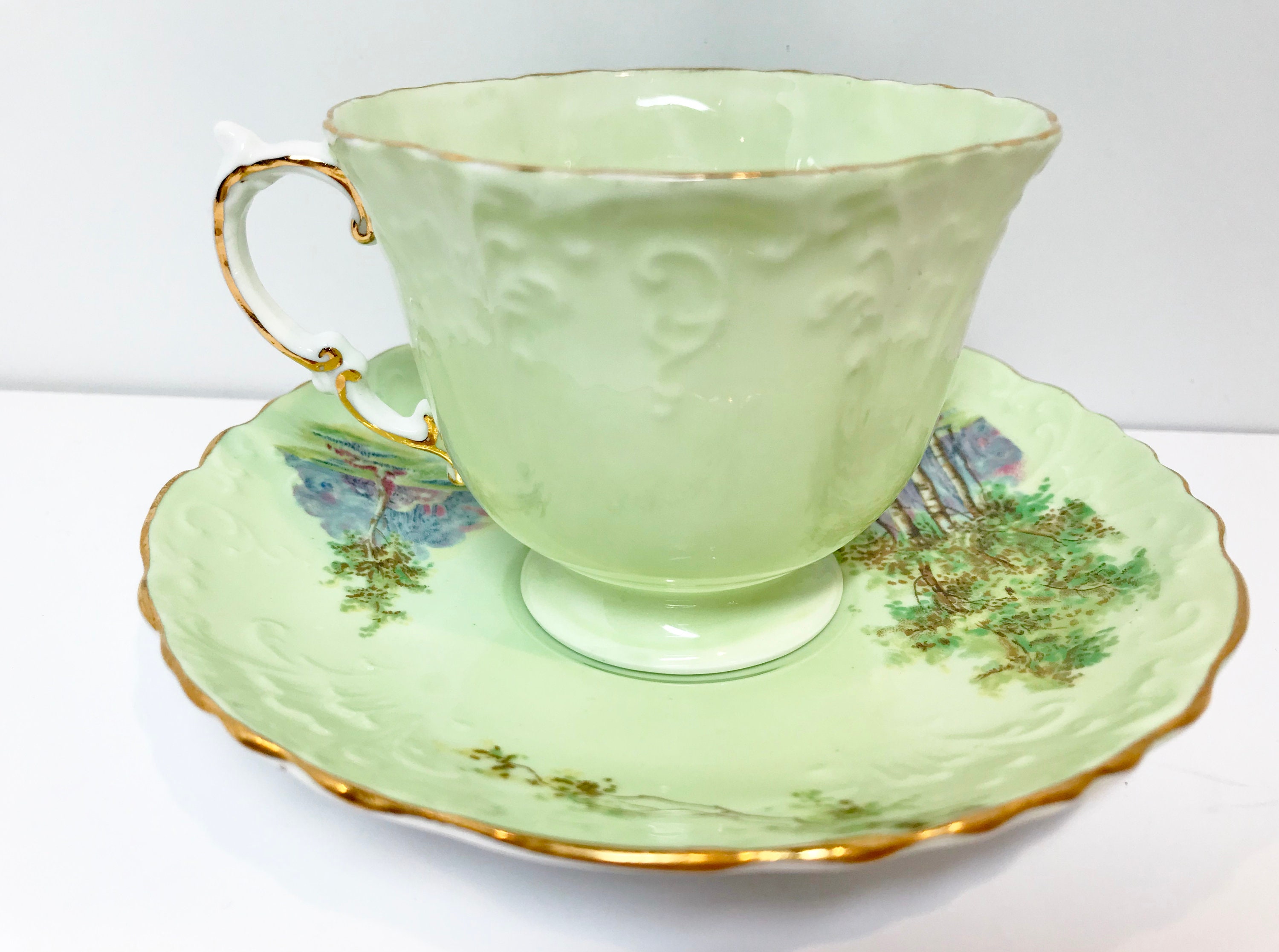 Green Aynsley Tea Cup and Saucer, Antique Tea Cups Vintage, Scenic Tea