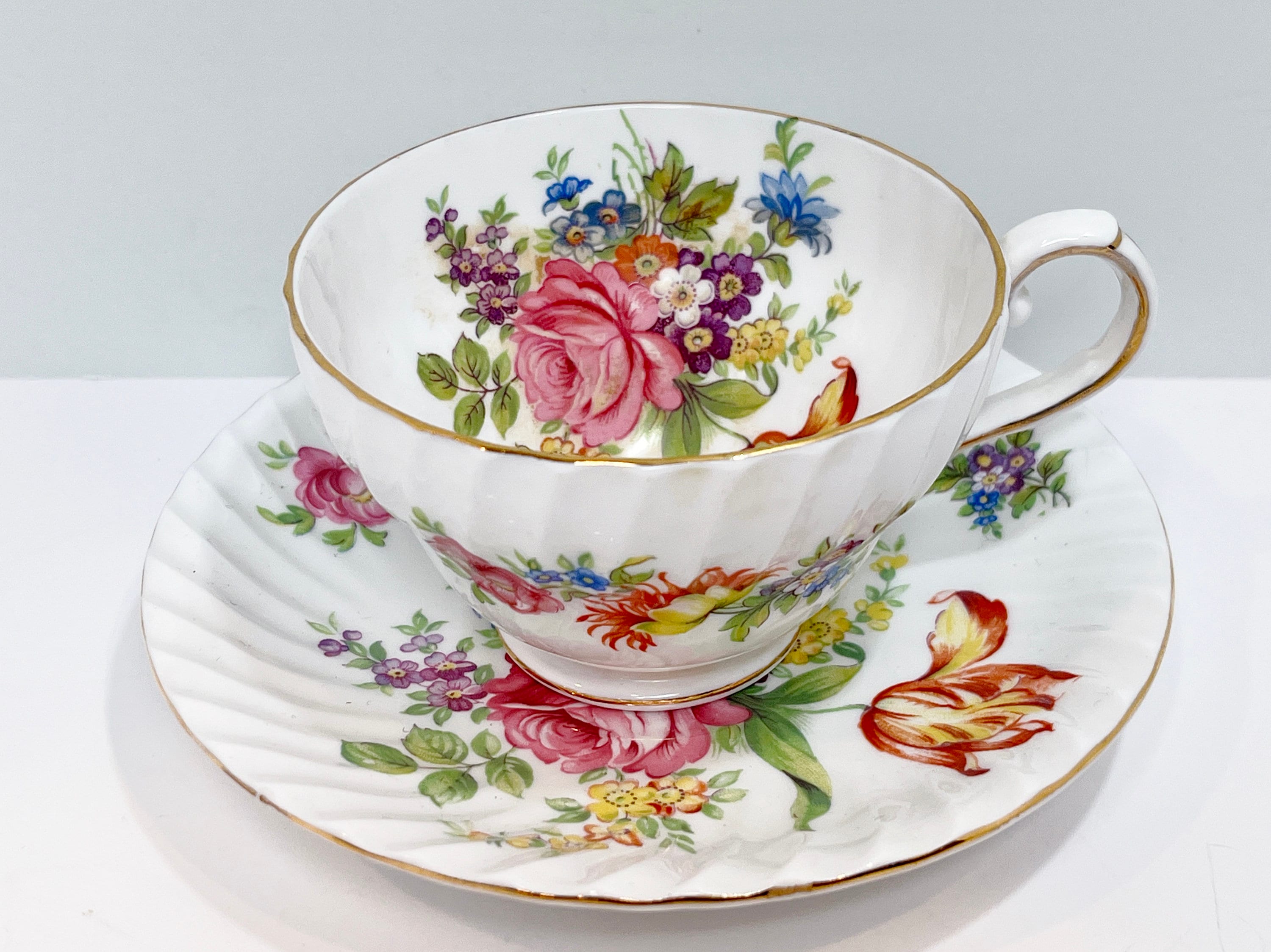 Vintage Stanley Tea Cup Saucer China Pink Yellow Roses Vintage