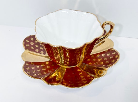 Burgundy Gold Teacup and Saucer , Antique Tea Cup , Vintage Tea Cups , Afternoon Tea , Bone China Tea Cups , Gift for Her , Anniversary Gift
