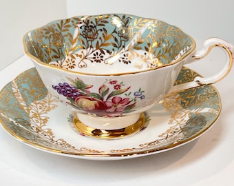 Paragon Fine Bone China Teacup and Saucer: Aqua & Gold Floral, Hand Painted