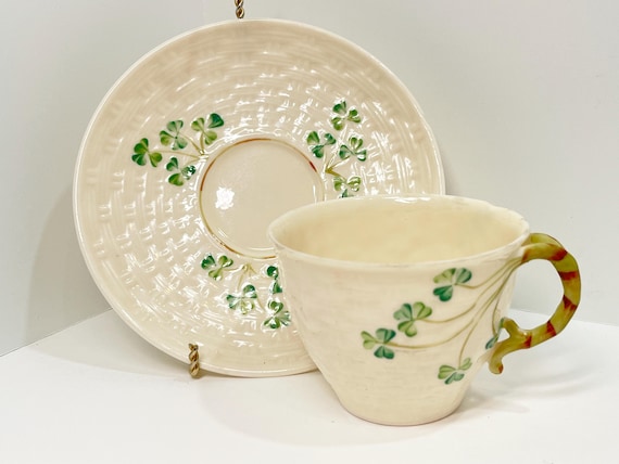 Shamrock Belleek Teacup and Saucer , Irish Tea Cup , Basket Weave Belleek China , Belleek Tea Cup , Gift for Irish , Housewarming Gift