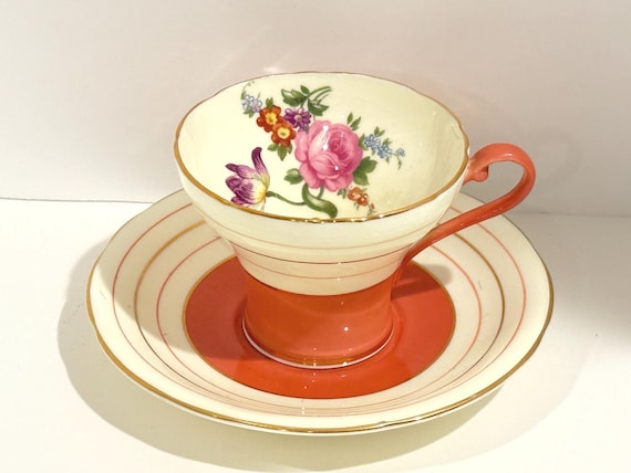 Aynsley Corset Teacup and Saucer: Orange Floral Bone China